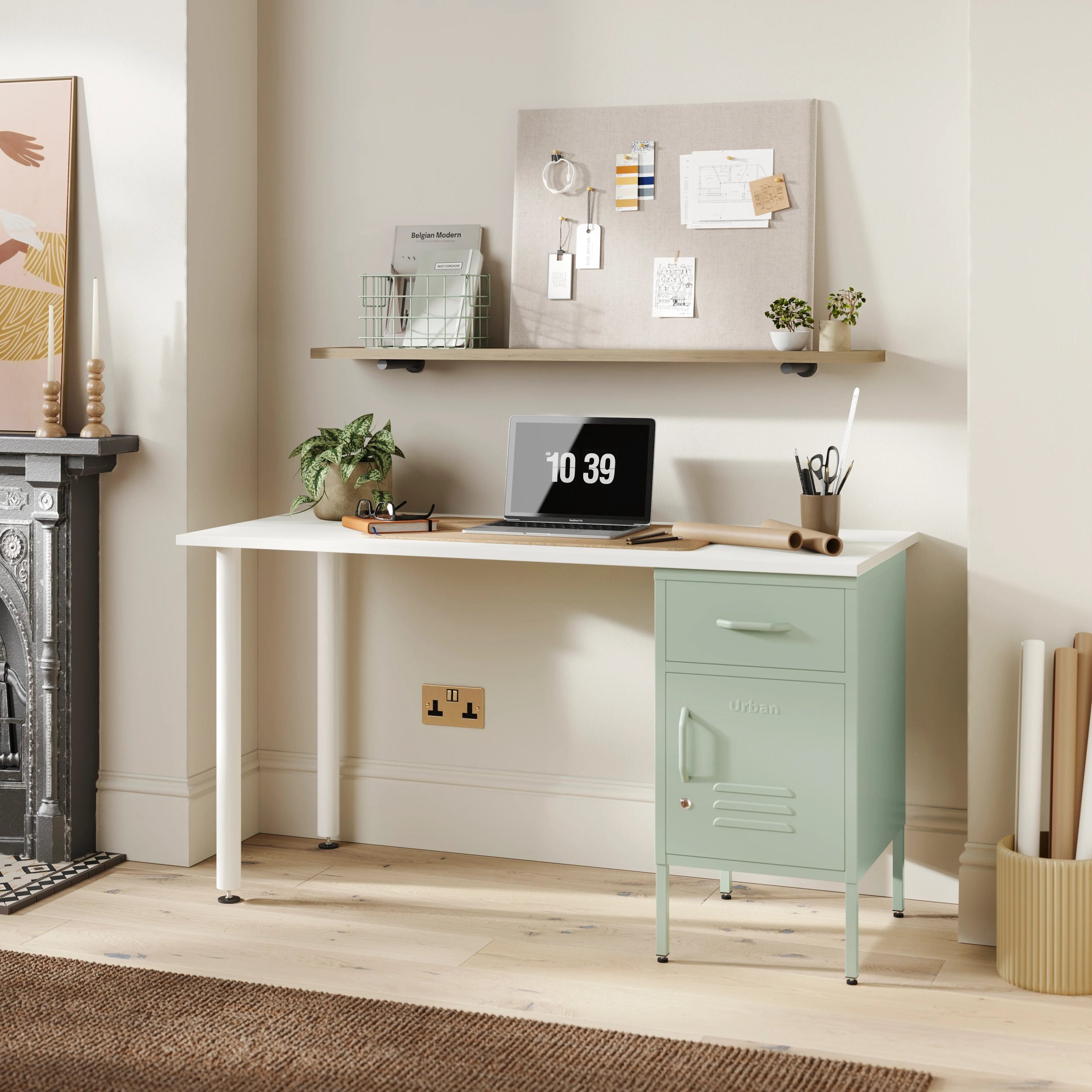 The Bromley Desk with Sage Locker - White Desktop