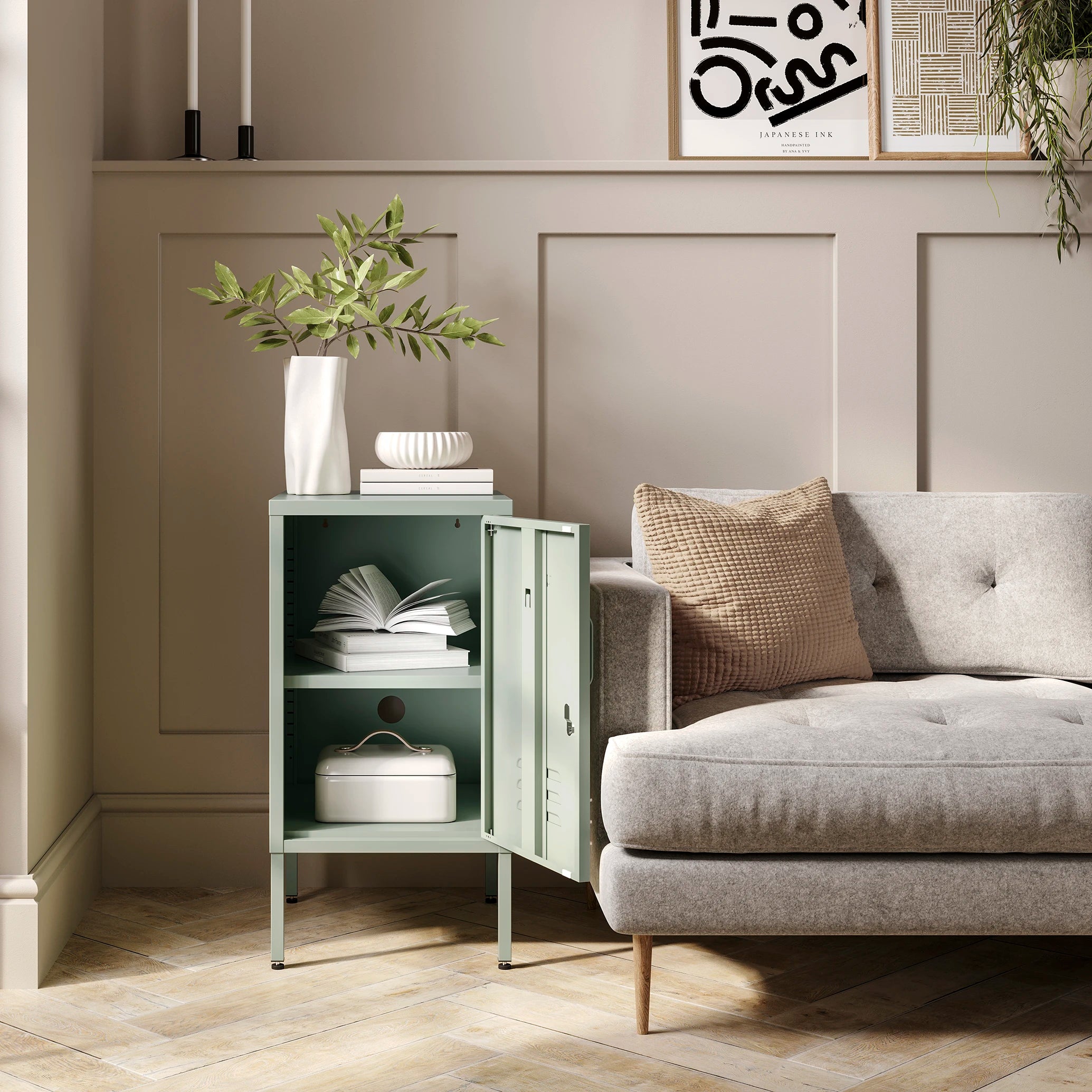 The Camden - Side Table, Storage Locker Sage
