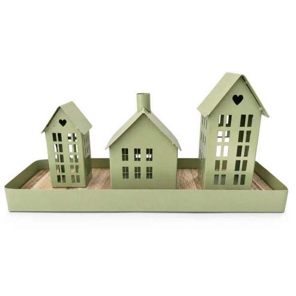 Alsaba Home - Metall-Tablett mit 3 Dekohäusern und Holzboden
